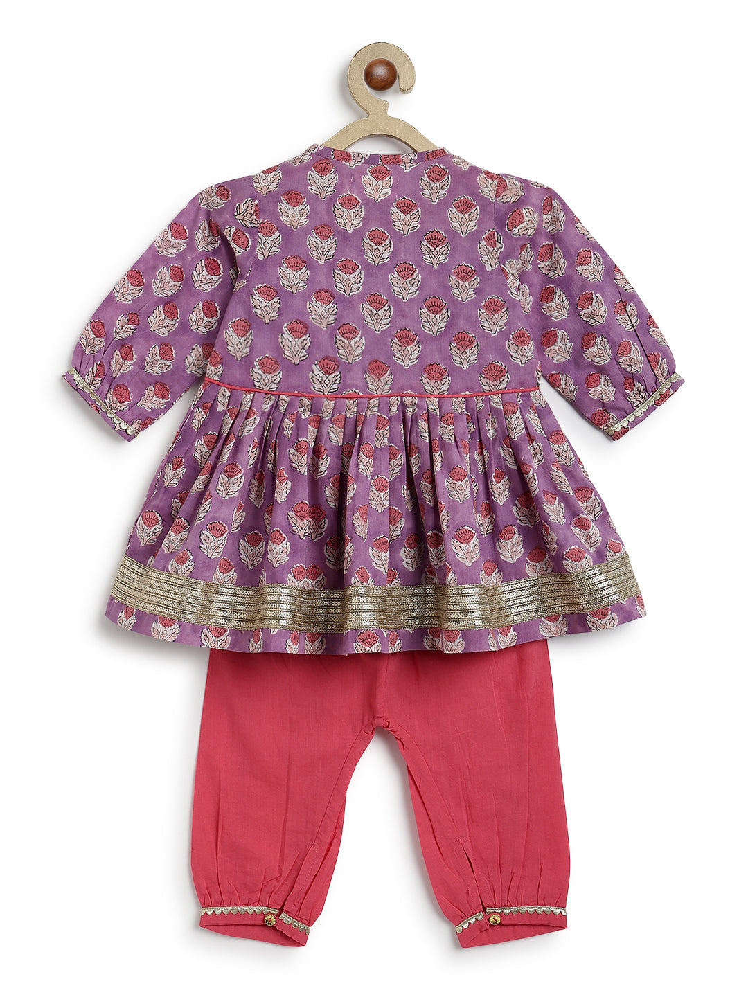 Tiber Taber Baby Girls Purple and Pink Cotton Floral Printed Kurta and Harem Pant Set Regular Fit Festive Wear