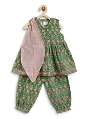 Tiber Taber Girls Green and Pink Cotton Blend Floral Printed Kurta Suit Set Regular Fit Festive Wear