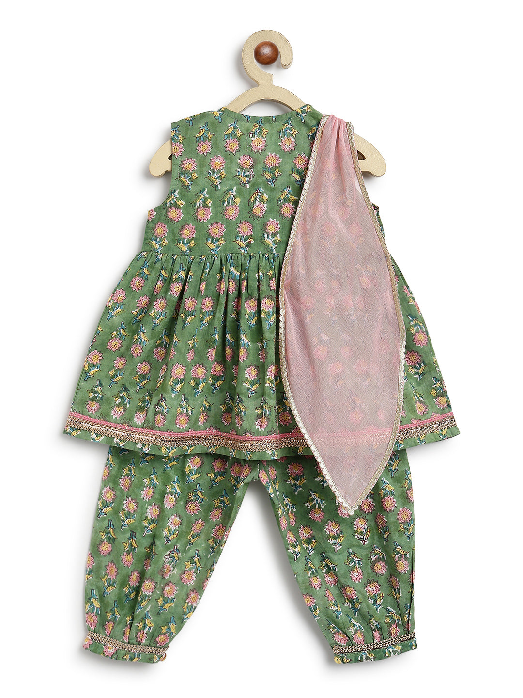 Tiber Taber Girls Green and Pink Cotton Blend Floral Printed Kurta Suit Set Regular Fit Festive Wear
