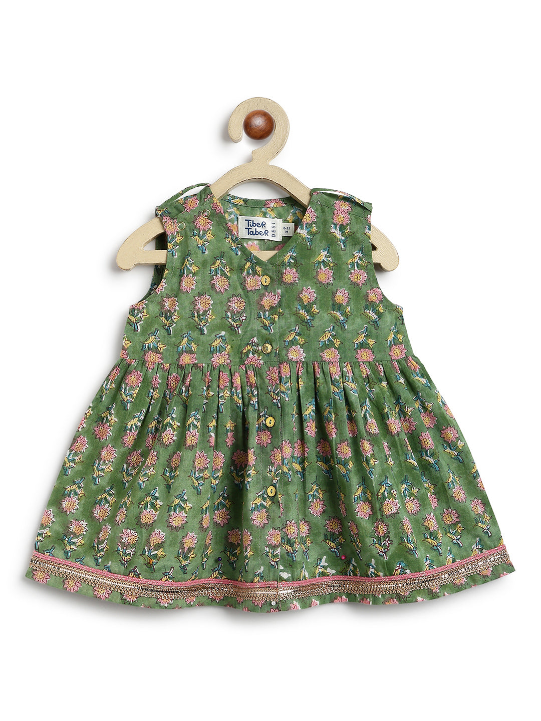 Tiber Taber Girls Green and Pink Cotton Blend Floral Printed Kurta Suit Set Regular Fit Festive Wear