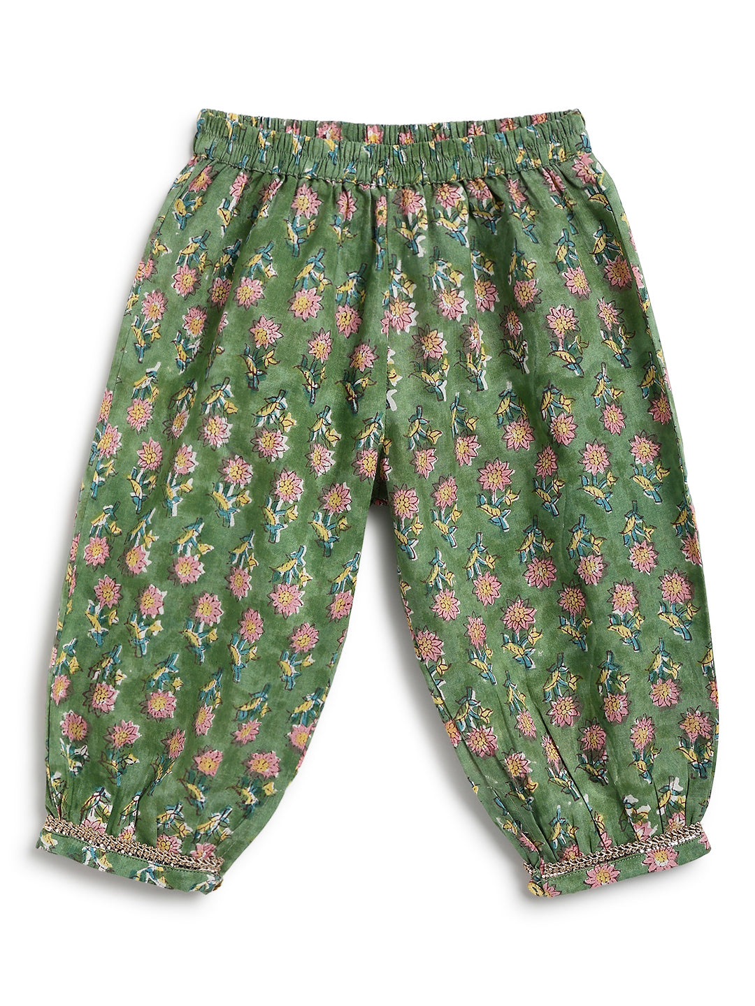 Tiber Taber Girls Green and Pink Cotton Blend Floral Printed Kurta Suit Set Regular Fit Festive Wear