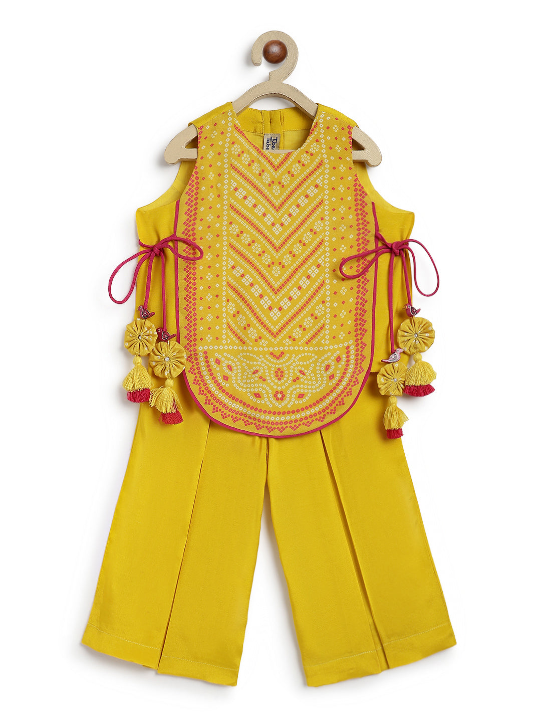 Tiber Taber Girls Yellow Cotton Blend Bandhani Printed Kurta and Palazzo Set Regular Fit Festive Wear