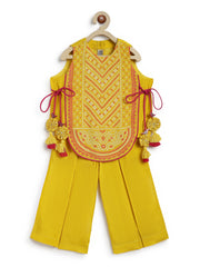 Tiber Taber Girls Yellow Cotton Blend Bandhani Printed Kurta and Palazzo Set Regular Fit Festive Wear