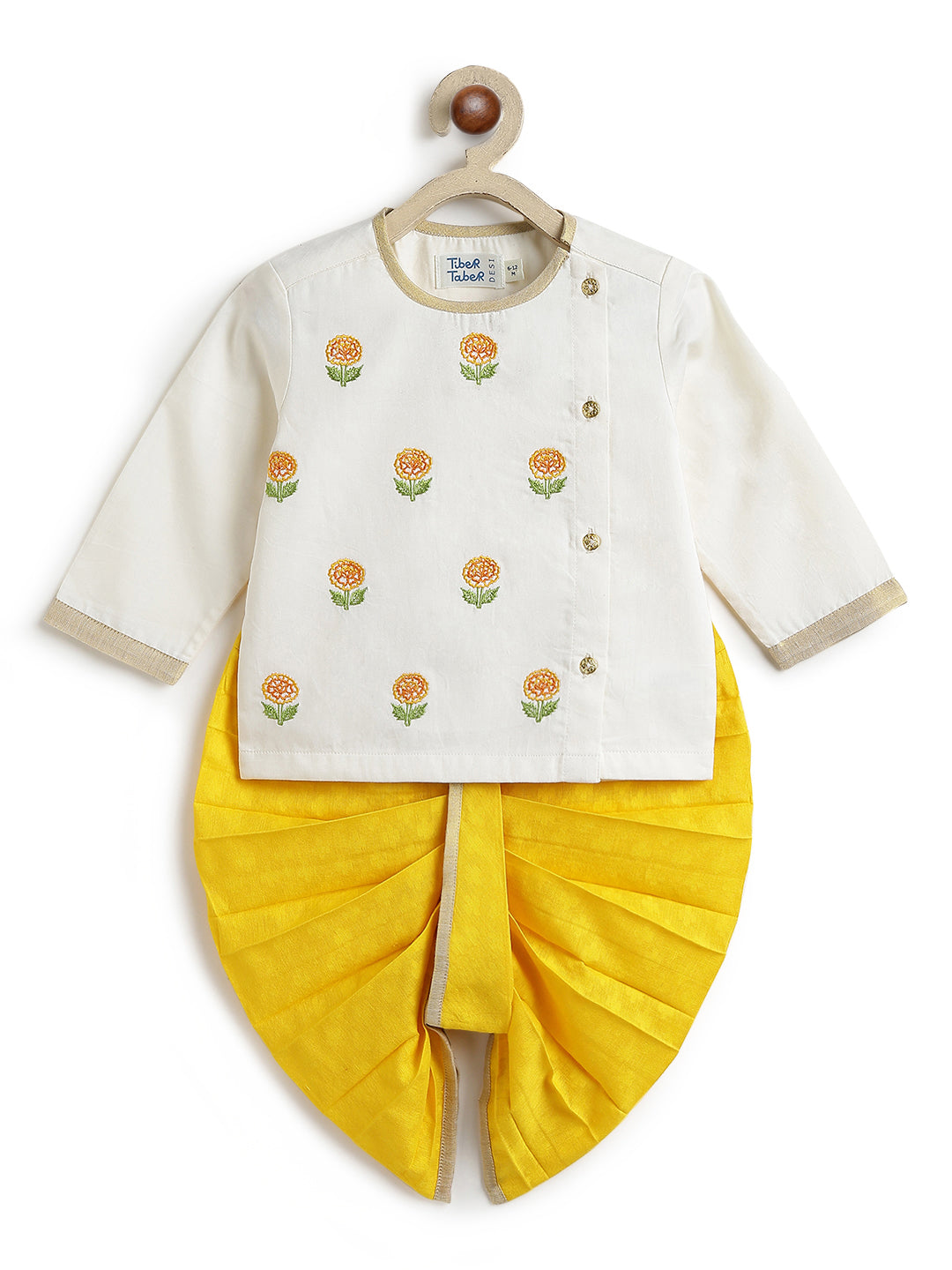 Tiber Taber Baby Boys Cream and Marigold Yellow Cotton Embroidered Kurta Dhoti Set Regular Fit Festive Wear