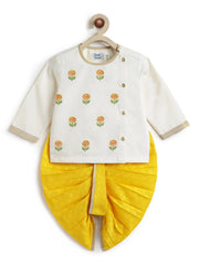 Tiber Taber Baby Boys Cream and Marigold Yellow Cotton Embroidered Kurta Dhoti Set Regular Fit Festive Wear