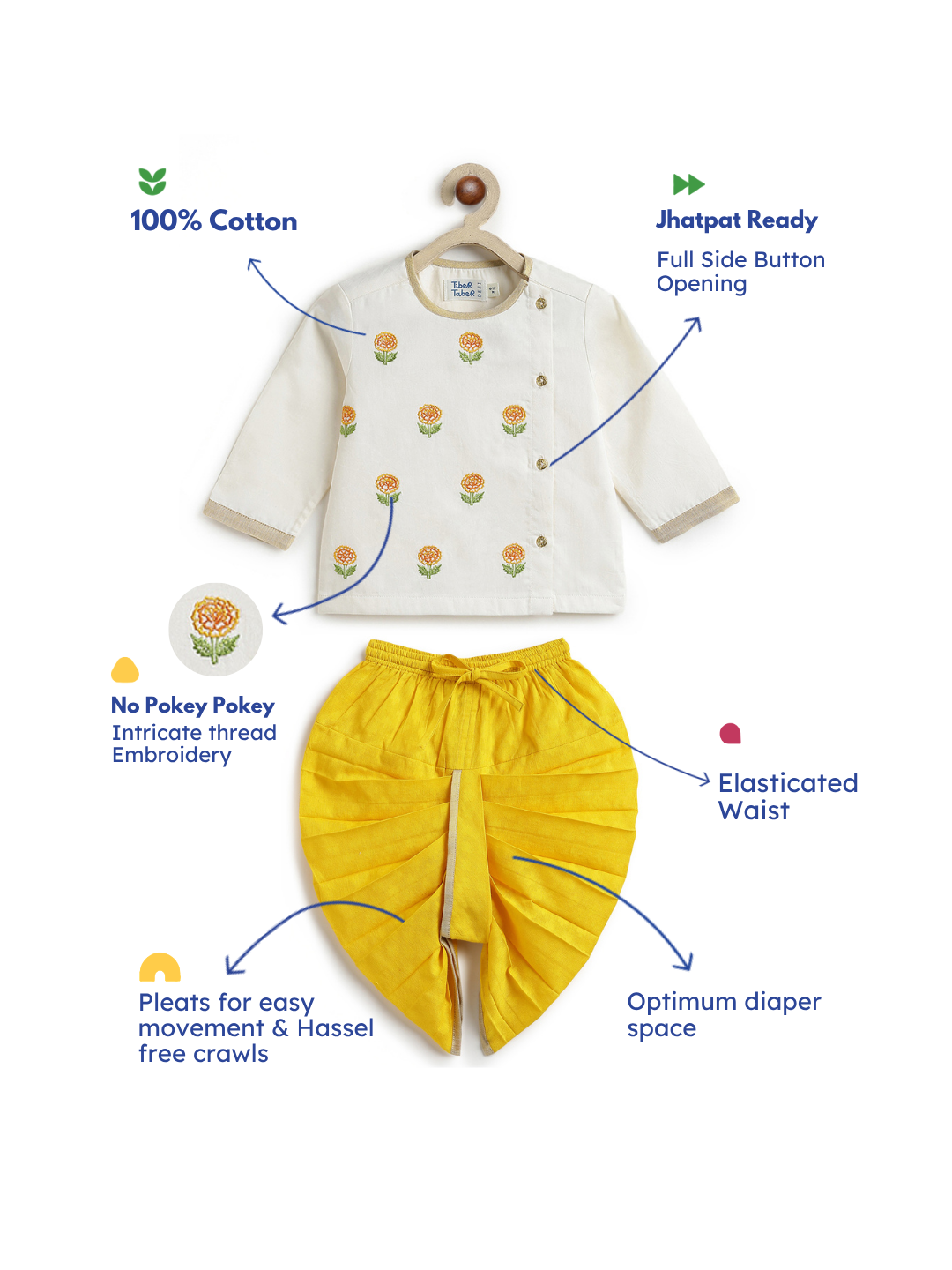 Tiber Taber Baby Boys Cream and Marigold Yellow Cotton Embroidered Kurta Dhoti Set Regular Fit Festive Wear