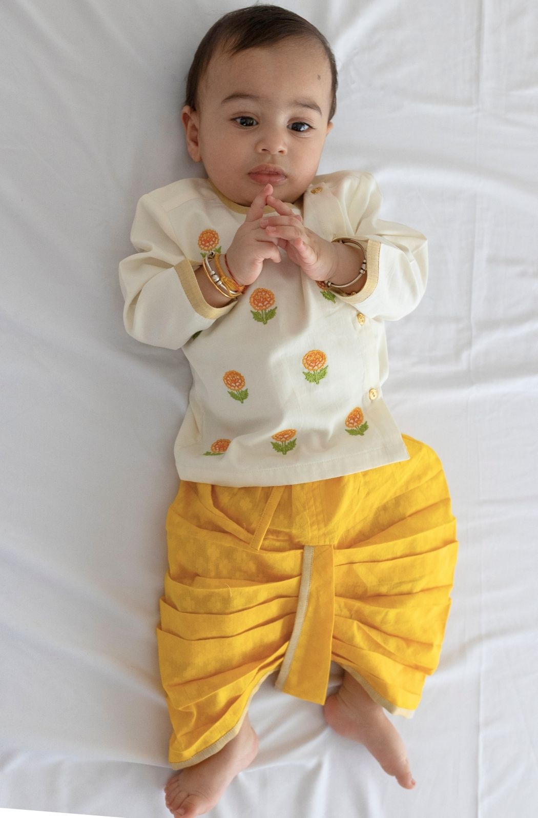 Tiber Taber Baby Boys Cream and Marigold Yellow Cotton Embroidered Kurta Dhoti Set Regular Fit Festive Wear
