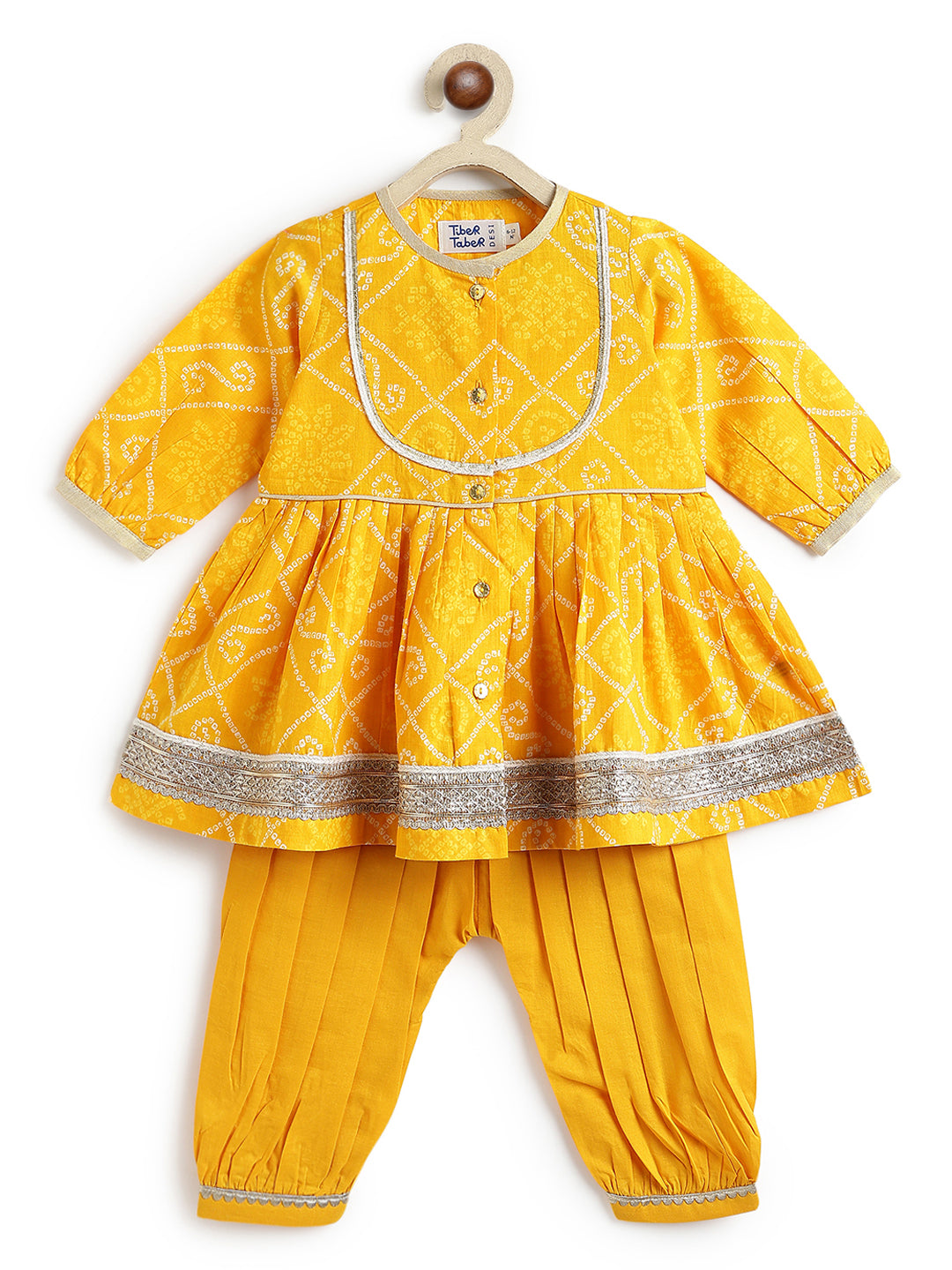 Tiber Taber Baby Girls Yellow Cotton Bandhani Printed Angrakha Kurta and Salwar Set Regular Fit Festive Wear