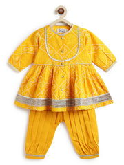 Tiber Taber Baby Girls Yellow Cotton Bandhani Printed Angrakha Kurta and Salwar Set Regular Fit Festive Wear