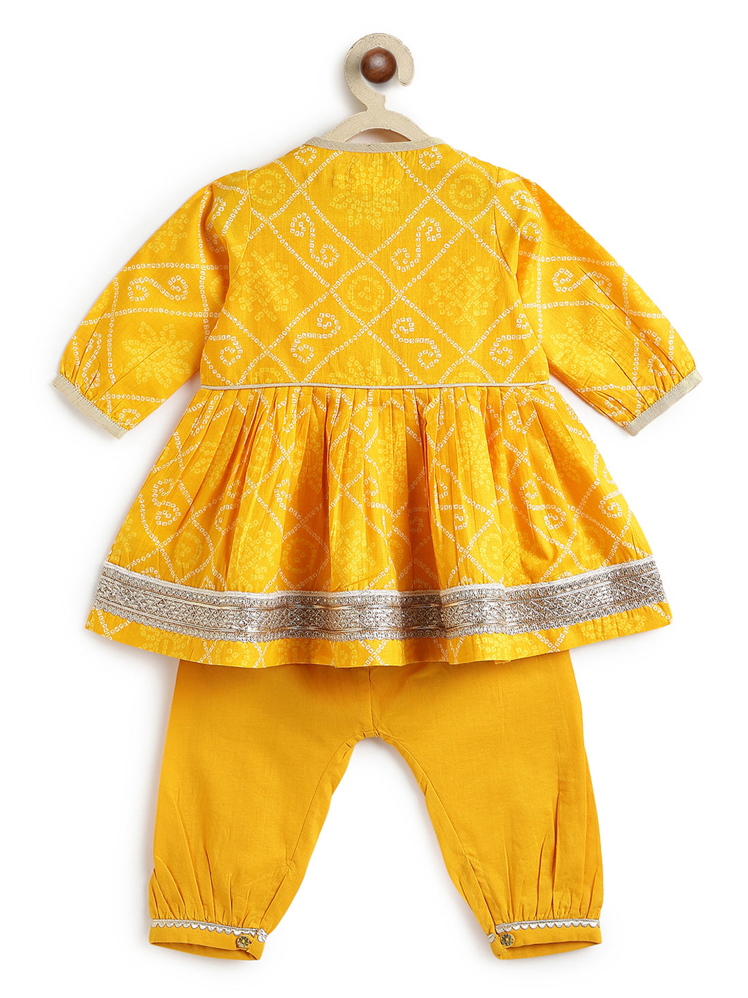 Tiber Taber Baby Girls Yellow Cotton Bandhani Printed Angrakha Kurta and Salwar Set Regular Fit Festive Wear
