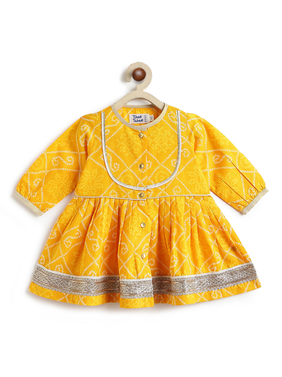 Tiber Taber Baby Girls Yellow Cotton Bandhani Printed Angrakha Kurta and Salwar Set Regular Fit Festive Wear