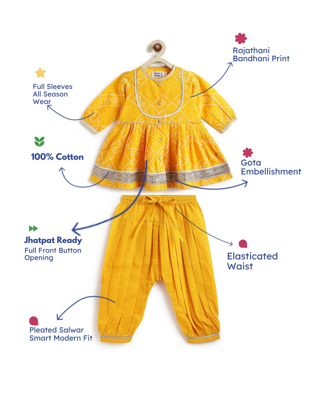 Tiber Taber Baby Girls Yellow Cotton Bandhani Printed Angrakha Kurta and Salwar Set Regular Fit Festive Wear