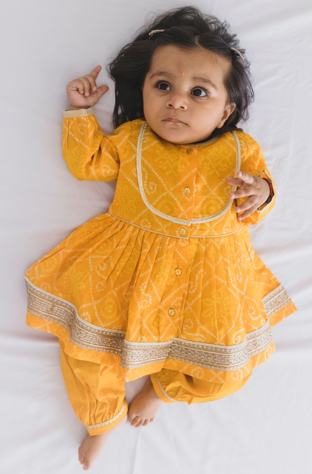 Tiber Taber Baby Girls Yellow Cotton Bandhani Printed Angrakha Kurta and Salwar Set Regular Fit Festive Wear