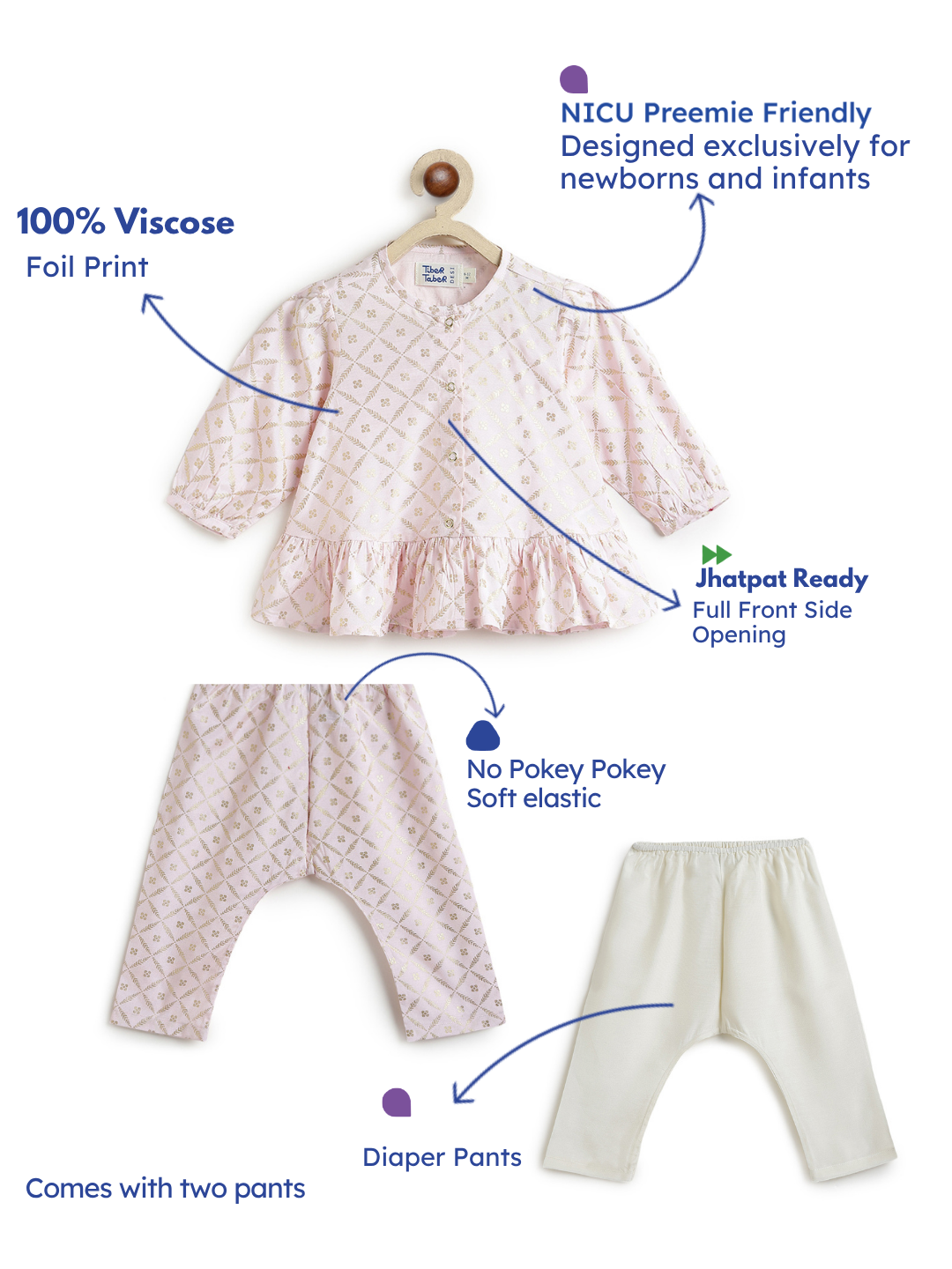 Tiber Taber Baby Girls Pink and Cream Floral Printed Kurta Set Pack of 3 Regular Fit Festive Wear