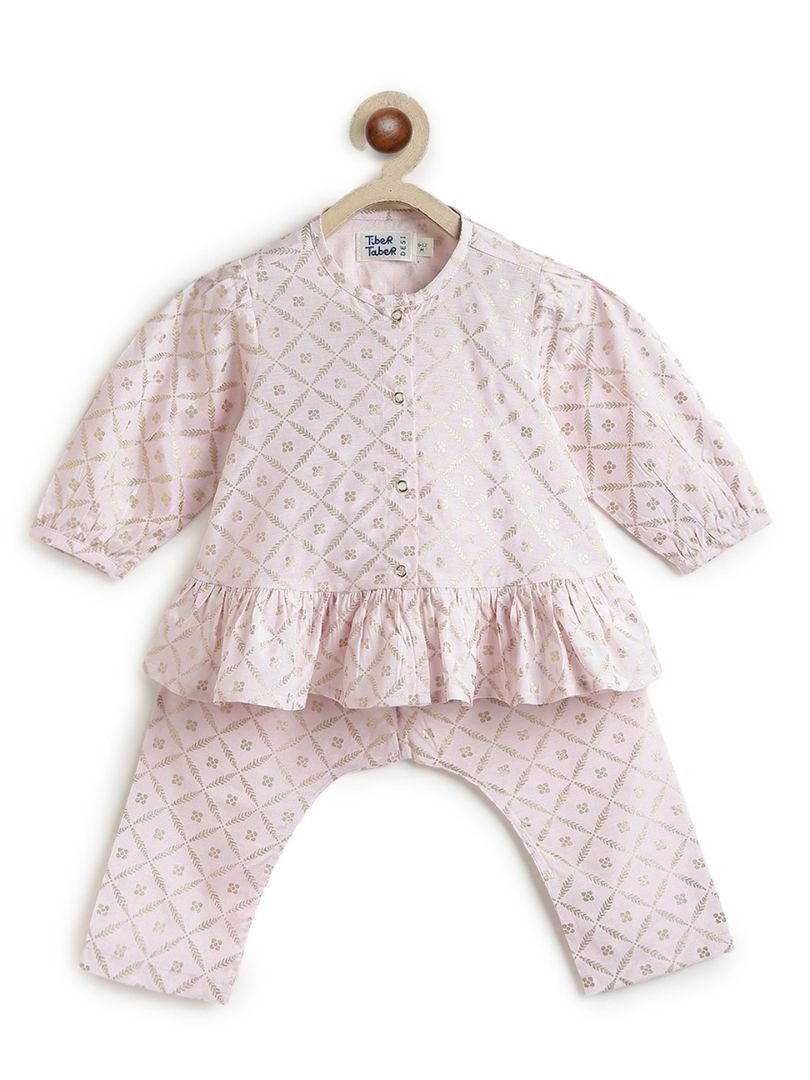 Tiber Taber Baby Girls Pink and Cream Floral Printed Kurta Set Pack of 3 Regular Fit Festive Wear