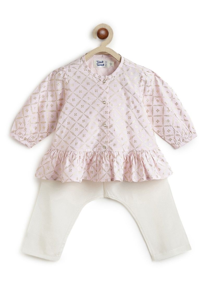 Tiber Taber Baby Girls Pink and Cream Floral Printed Kurta Set Pack of 3 Regular Fit Festive Wear