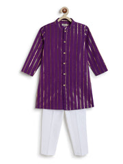 Tiber Taber Baby Boys Purple and Gold Striped Kurta Pyjama Set Regular Fit Festive Wear