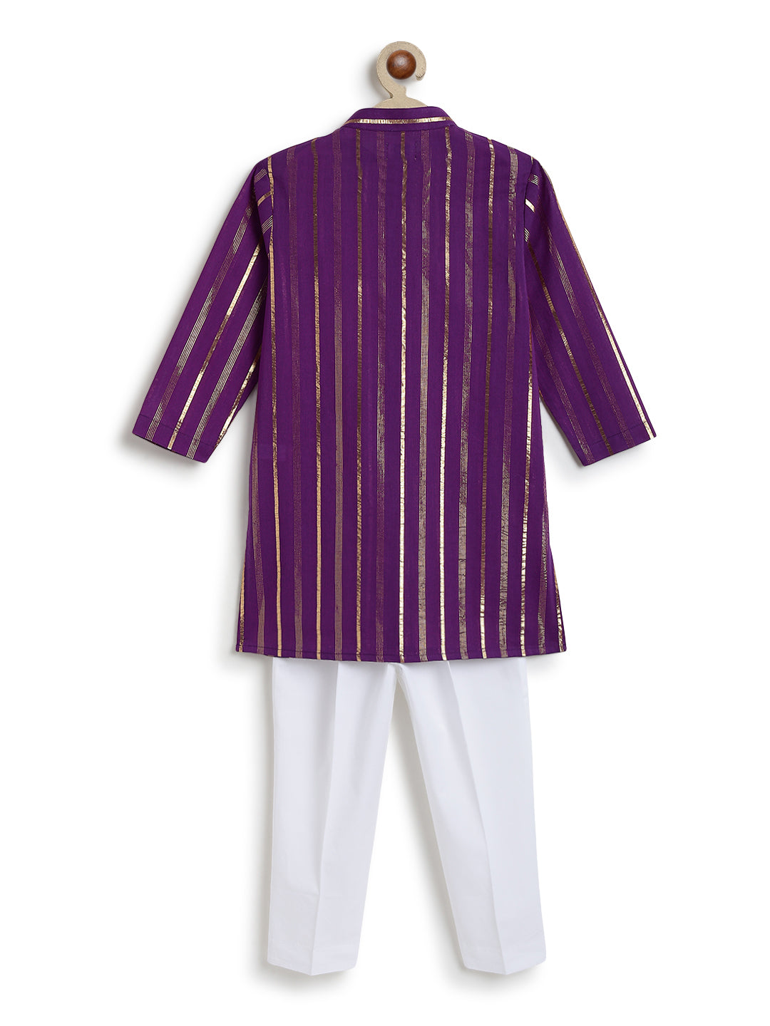 Tiber Taber Baby Boys Purple and Gold Striped Kurta Pyjama Set Regular Fit Festive Wear