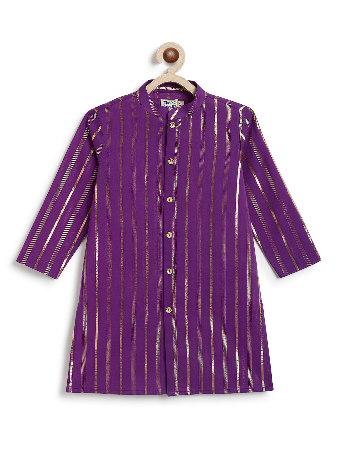 Tiber Taber Baby Boys Purple and Gold Striped Kurta Pyjama Set Regular Fit Festive Wear