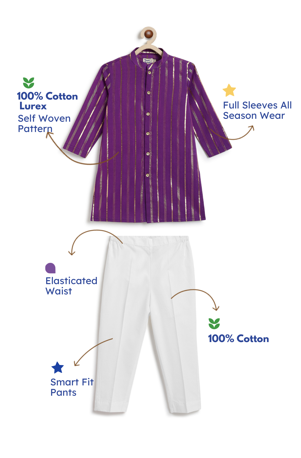 Tiber Taber Baby Boys Purple and Gold Striped Kurta Pyjama Set Regular Fit Festive Wear