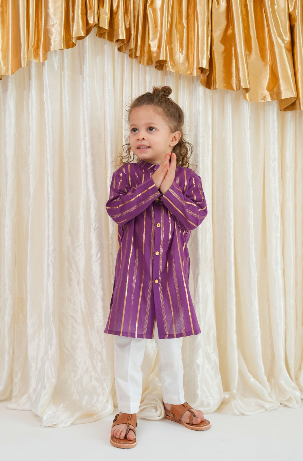 Tiber Taber Baby Boys Purple and Gold Striped Kurta Pyjama Set Regular Fit Festive Wear