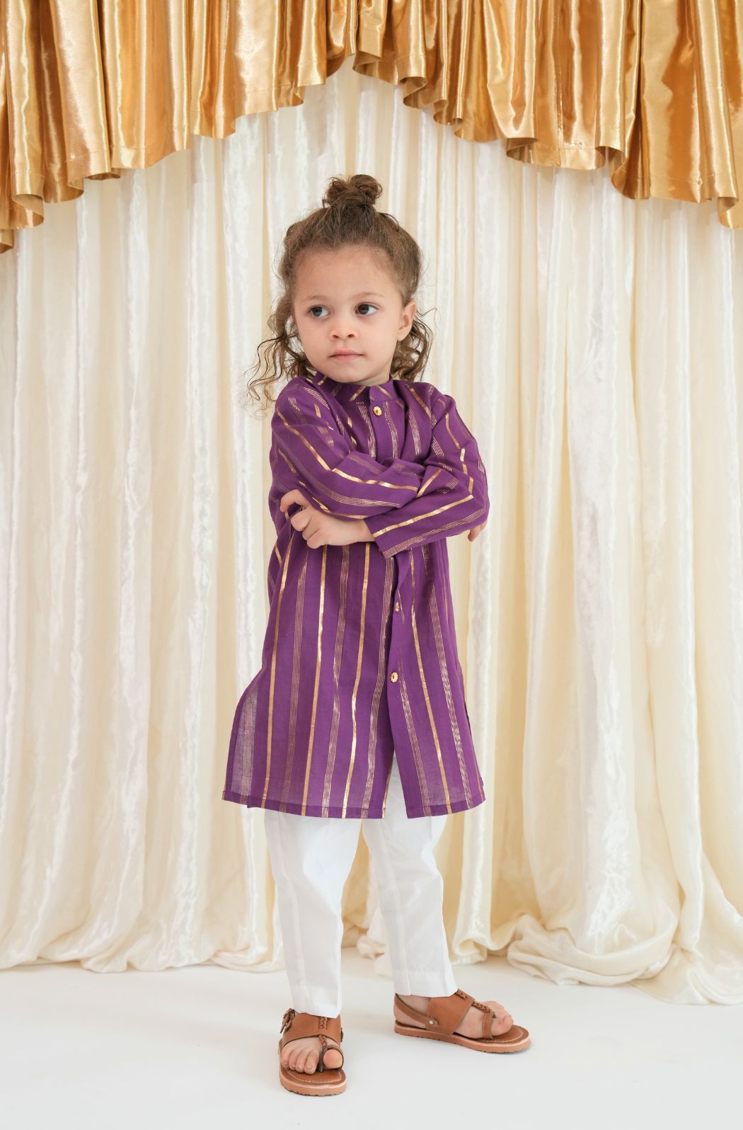 Tiber Taber Baby Boys Purple and Gold Striped Kurta Pyjama Set Regular Fit Festive Wear