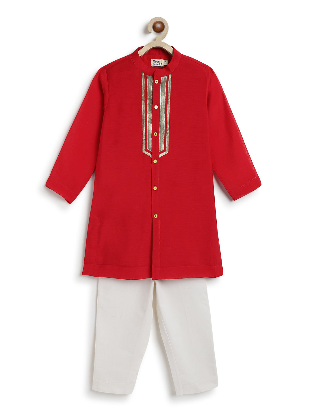 Tiber Taber Baby Boys Red Cotton Kurta Pyjama Set with Gold Lurex Detail Regular Fit Festive Wear