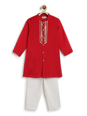 Tiber Taber Baby Boys Red Cotton Kurta Pyjama Set with Gold Lurex Detail Regular Fit Festive Wear