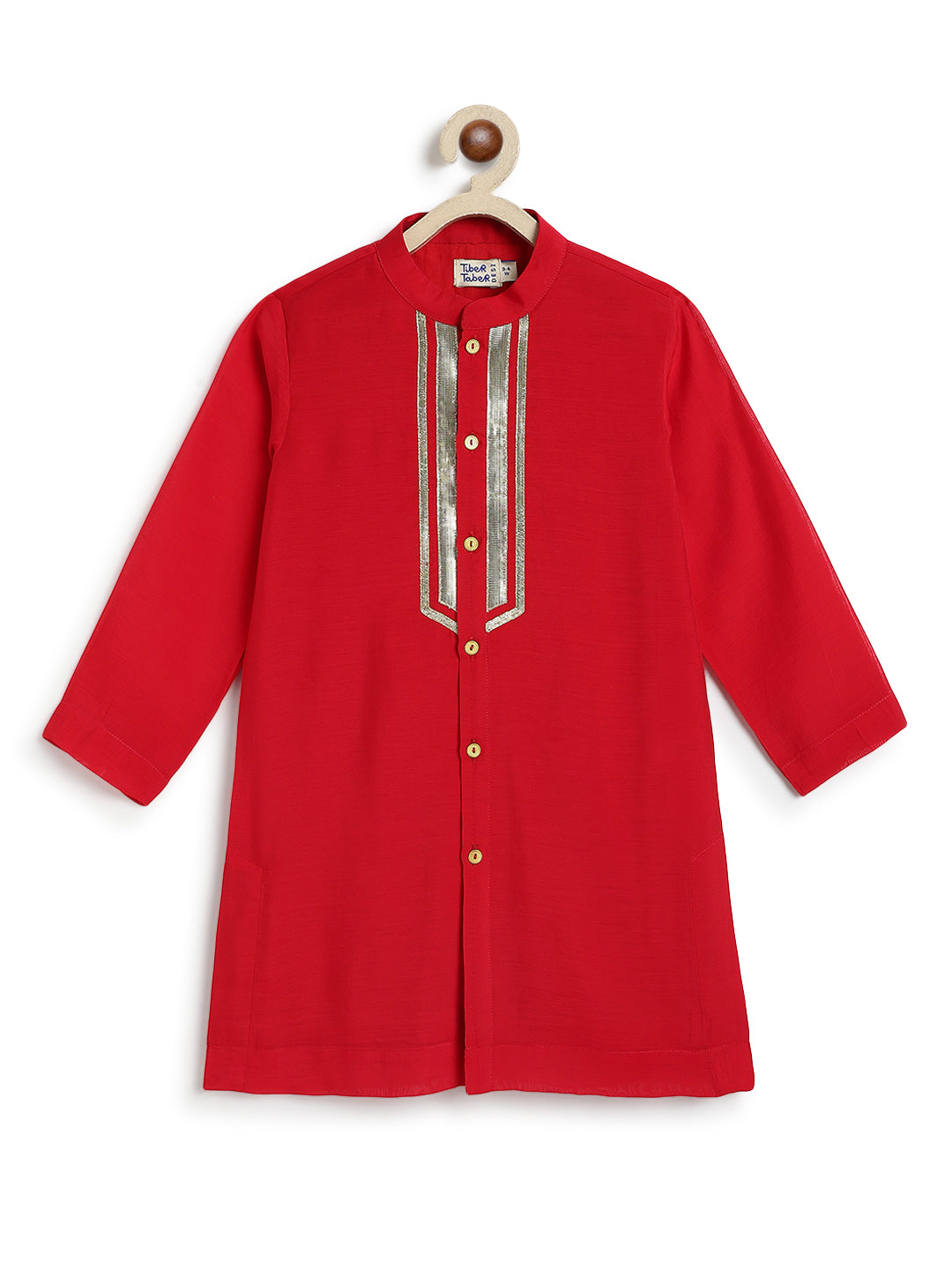 Tiber Taber Baby Boys Red Cotton Kurta Pyjama Set with Gold Lurex Detail Regular Fit Festive Wear