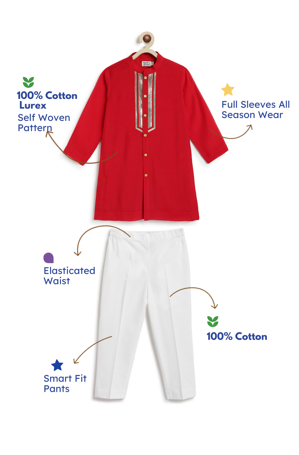 Tiber Taber Baby Boys Red Cotton Kurta Pyjama Set with Gold Lurex Detail Regular Fit Festive Wear