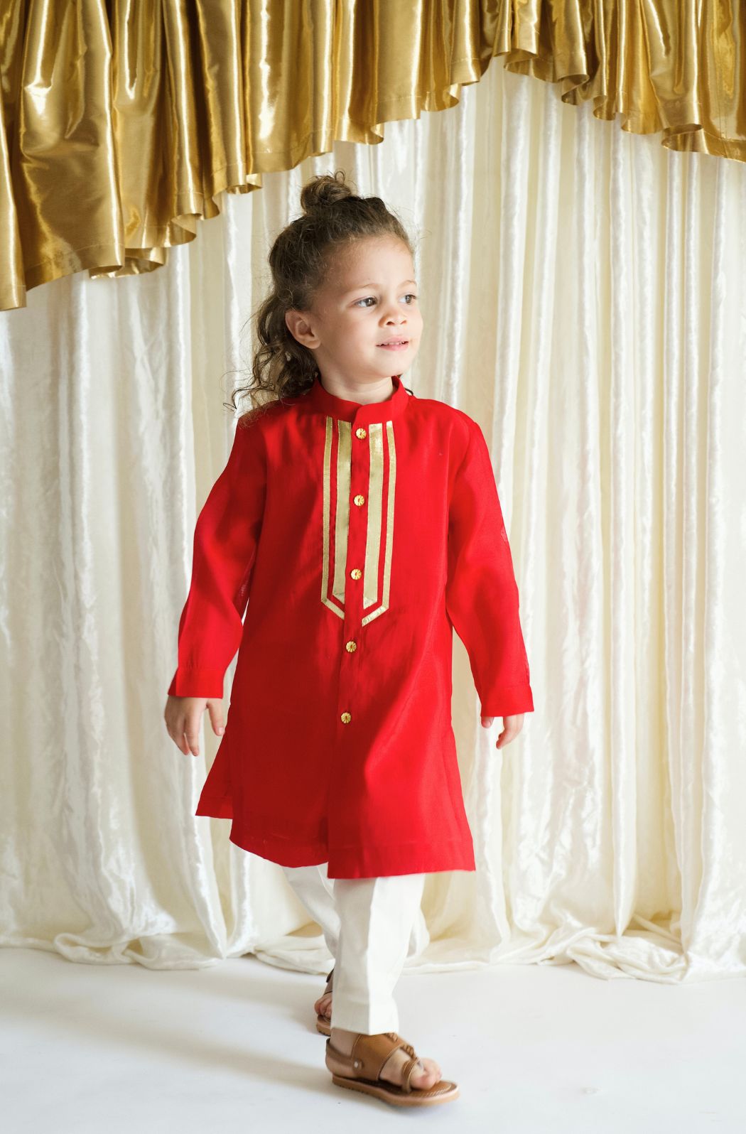 Tiber Taber Baby Boys Red Cotton Kurta Pyjama Set with Gold Lurex Detail Regular Fit Festive Wear