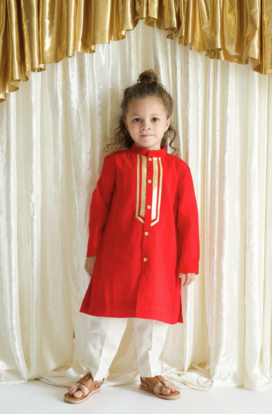 Tiber Taber Baby Boys Red Cotton Kurta Pyjama Set with Gold Lurex Detail Regular Fit Festive Wear