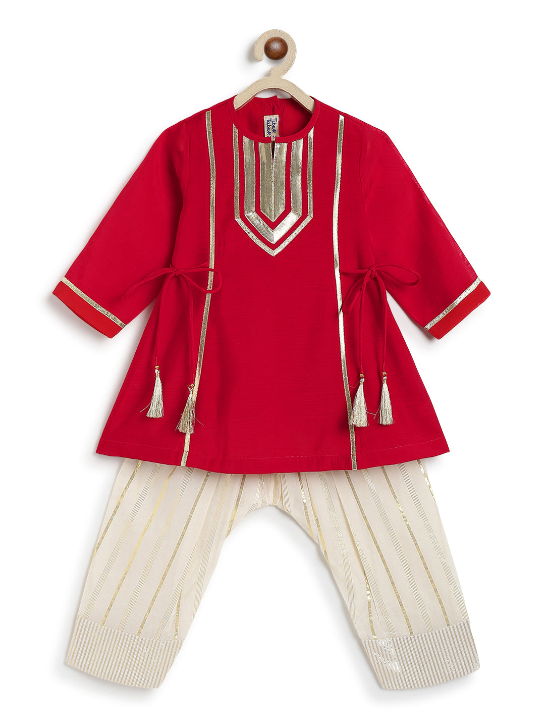 Tiber Taber Girls Red and Cream Cotton Blend Suit Set with Gold Lurex Detail Regular Fit Festive Wear