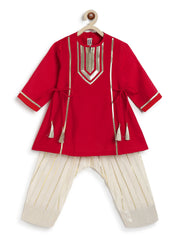 Tiber Taber Girls Red and Cream Cotton Blend Suit Set with Gold Lurex Detail Regular Fit Festive Wear