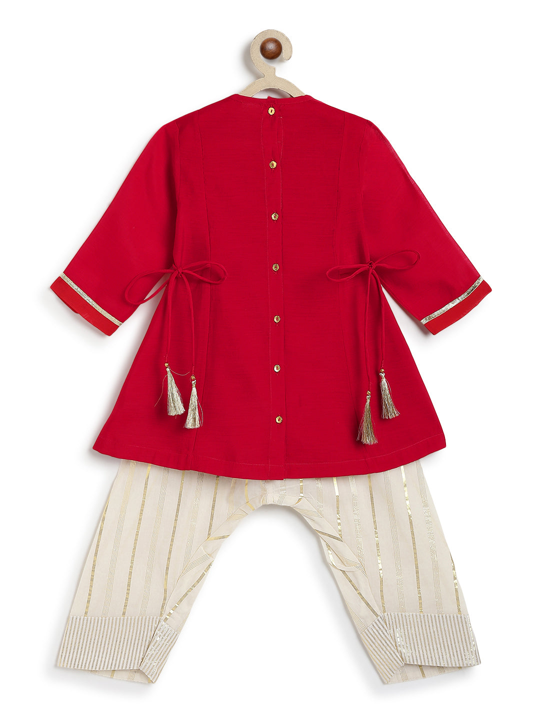 Tiber Taber Girls Red and Cream Cotton Blend Suit Set with Gold Lurex Detail Regular Fit Festive Wear