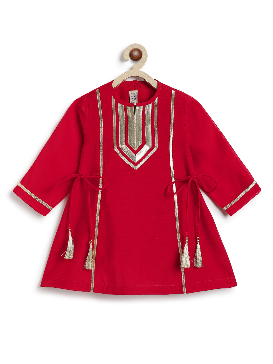Tiber Taber Girls Red and Cream Cotton Blend Suit Set with Gold Lurex Detail Regular Fit Festive Wear