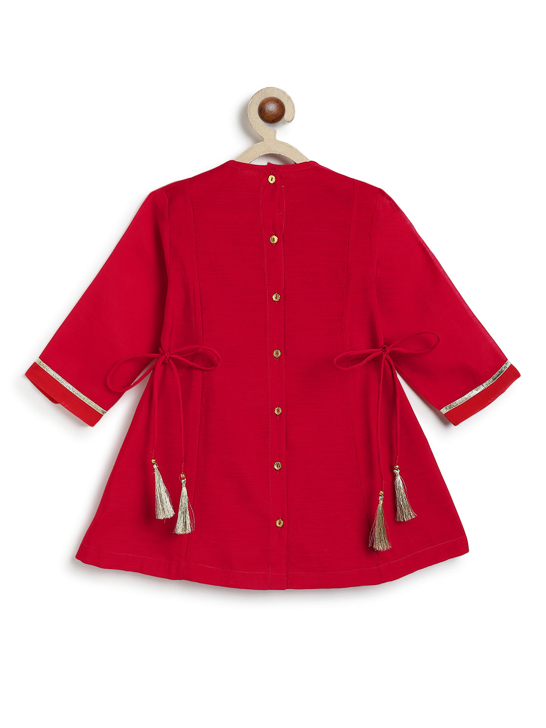 Tiber Taber Girls Red and Cream Cotton Blend Suit Set with Gold Lurex Detail Regular Fit Festive Wear