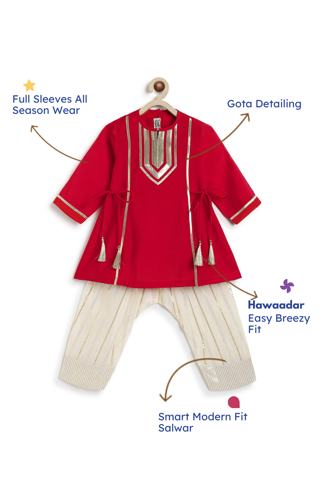 Tiber Taber Girls Red and Cream Cotton Blend Suit Set with Gold Lurex Detail Regular Fit Festive Wear