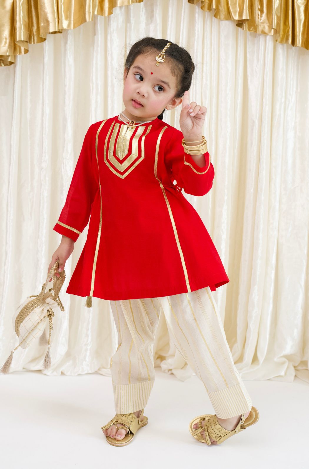 Tiber Taber Girls Red and Cream Cotton Blend Suit Set with Gold Lurex Detail Regular Fit Festive Wear