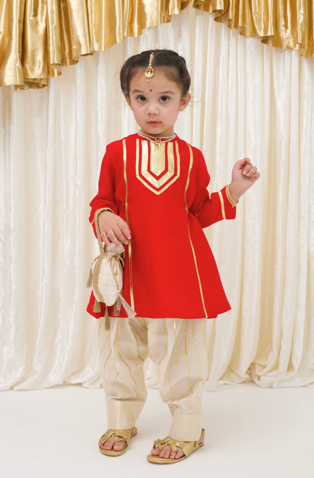 Tiber Taber Girls Red and Cream Cotton Blend Suit Set with Gold Lurex Detail Regular Fit Festive Wear