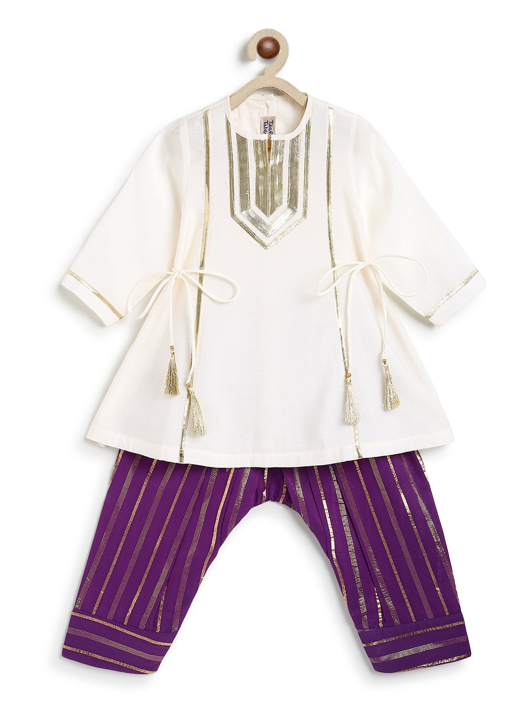 Tiber Taber Girls Cream and Purple Cotton Blend Suit Set with Gota Detail Regular Fit Festive Wear
