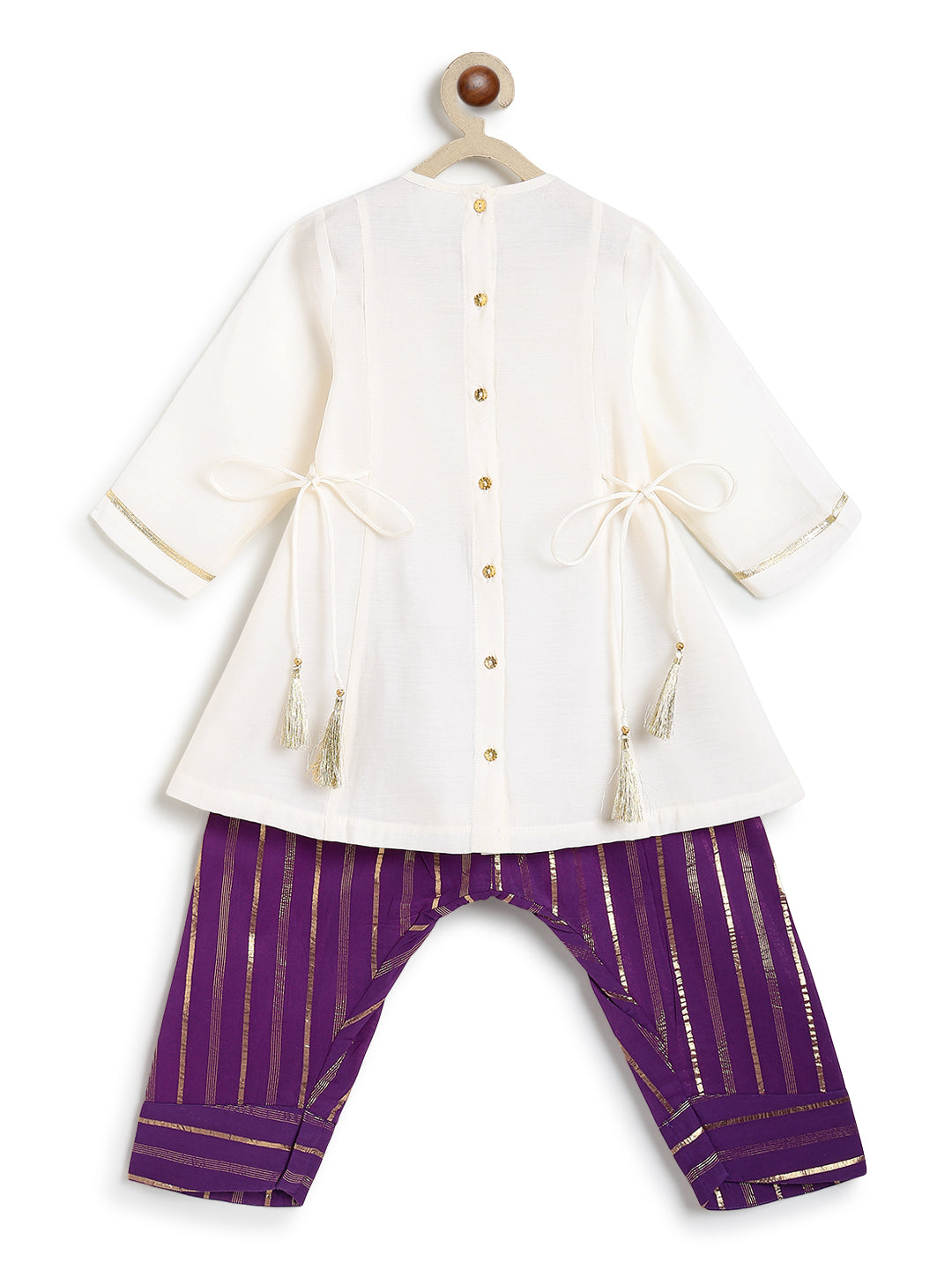 Tiber Taber Girls Cream and Purple Cotton Blend Suit Set with Gota Detail Regular Fit Festive Wear