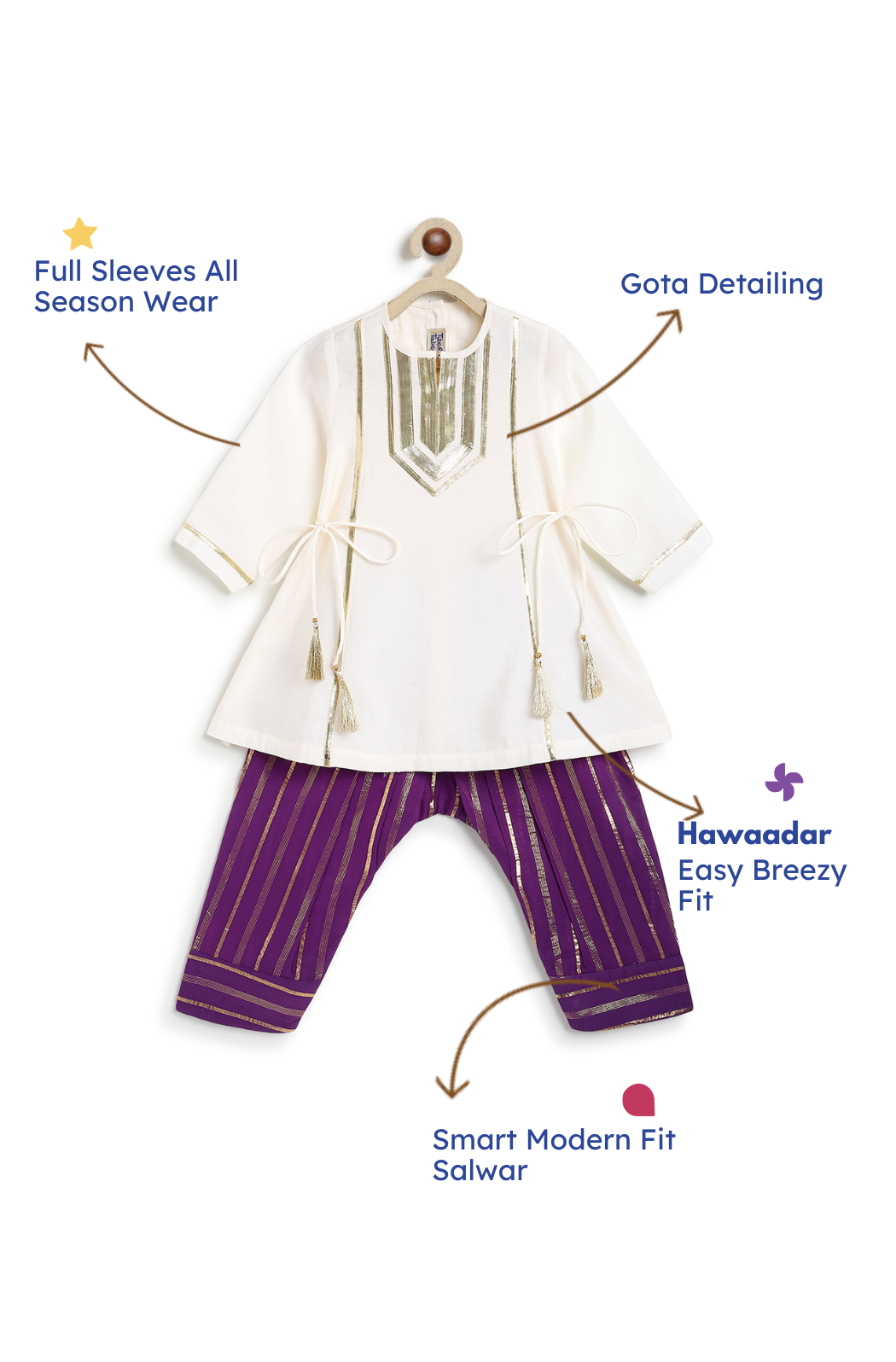 Tiber Taber Girls Cream and Purple Cotton Blend Suit Set with Gota Detail Regular Fit Festive Wear
