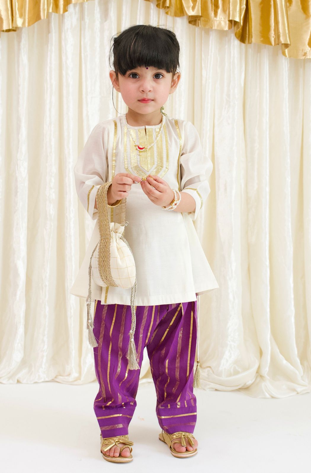 Tiber Taber Girls Cream and Purple Cotton Blend Suit Set with Gota Detail Regular Fit Festive Wear