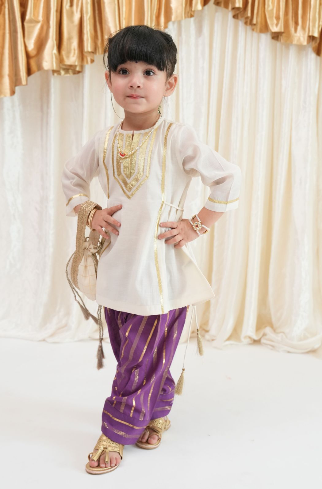 Tiber Taber Girls Cream and Purple Cotton Blend Suit Set with Gota Detail Regular Fit Festive Wear