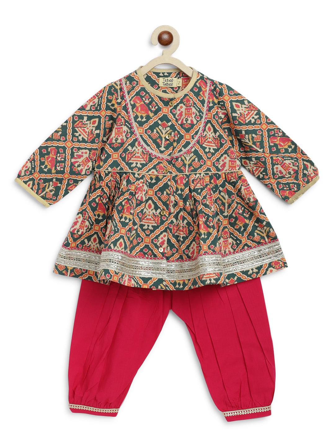 Tiber Taber Baby Boys Red Cotton Kurta Pyjama Set with Gold Lurex Detail Regular Fit Festive Wear