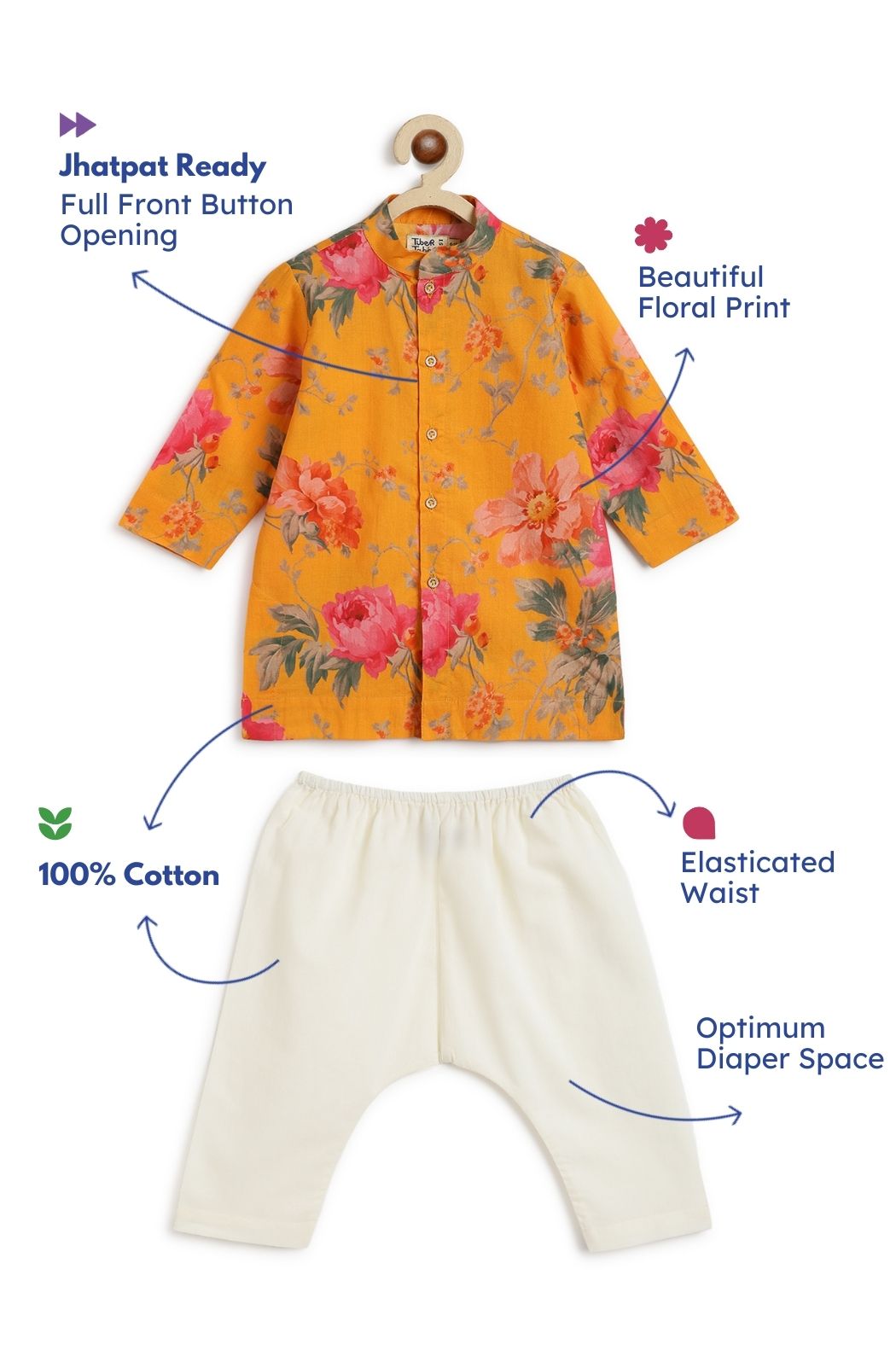 Tiber Taber Baby Boys Printed Kurta and Pyjama Set, Mustard Yellow