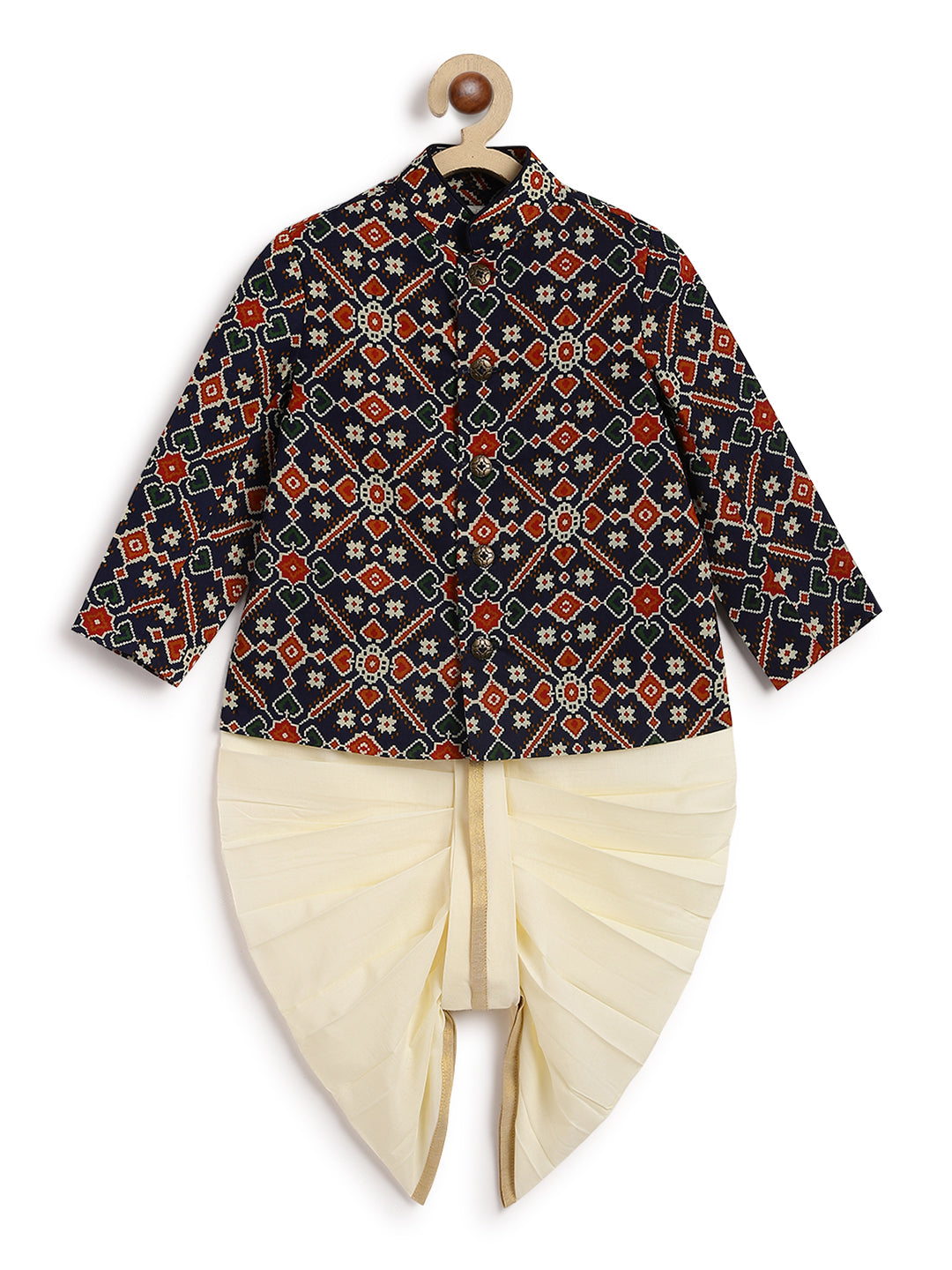 Tiber Taber Baby Boys Geometric Print Kurta and Dhoti Set, Navy Blue and Cream