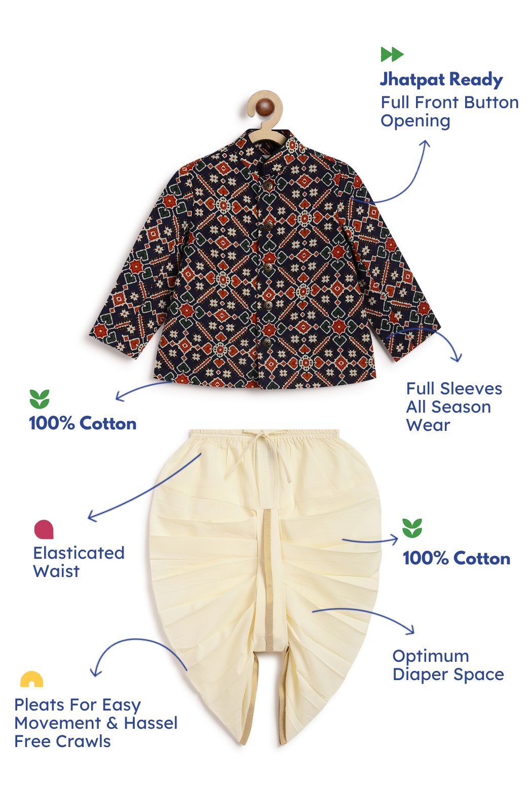 Tiber Taber Baby Boys Geometric Print Kurta and Dhoti Set, Navy Blue and Cream