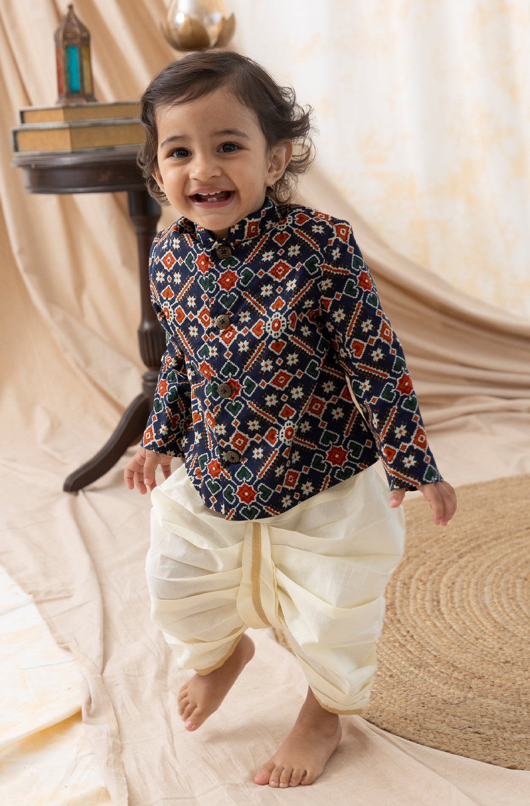 Tiber Taber Baby Boys Geometric Print Kurta and Dhoti Set, Navy Blue and Cream